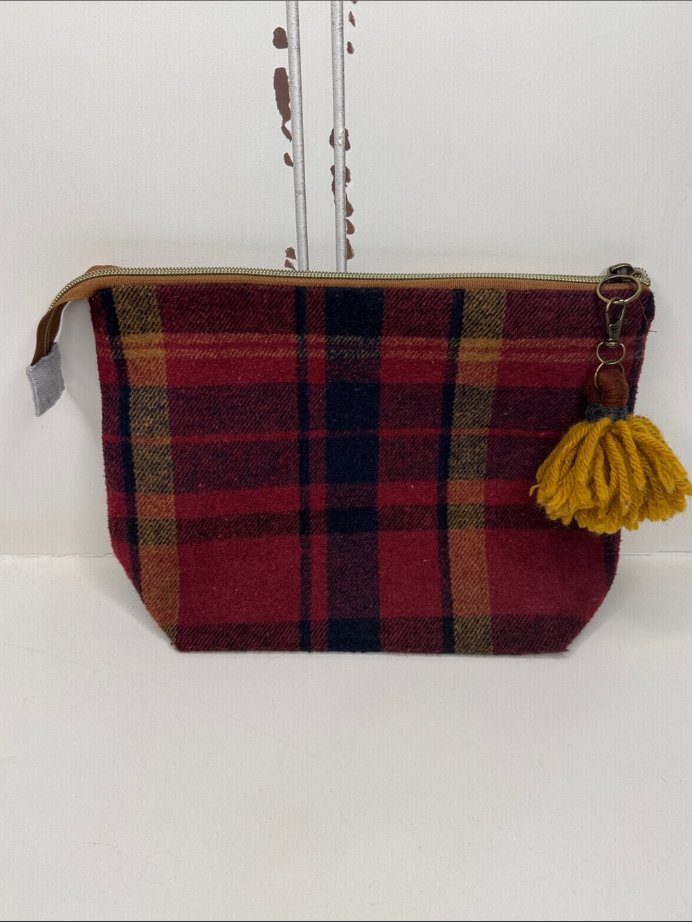 Plaid Red Cosmetic Zip Pouch with Mustard Tassel